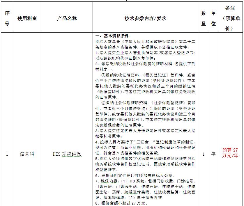 zxyy20190004HIS维保招标公告