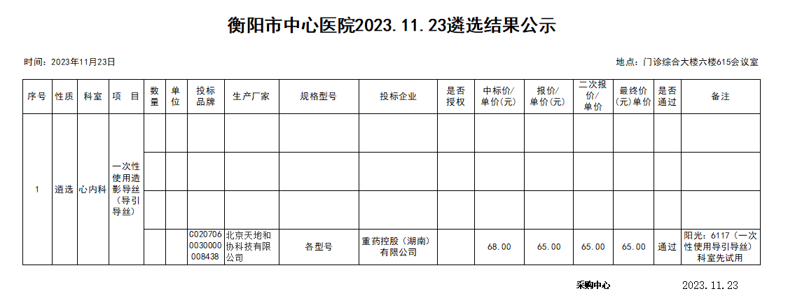 衡阳市中心医院2023.11.23遴选结果公示